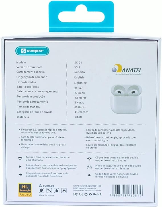Fone De Ouvido Sem Fio Sumexr TWS Smart Touch V5.3 4° Geração Branco - Image 3